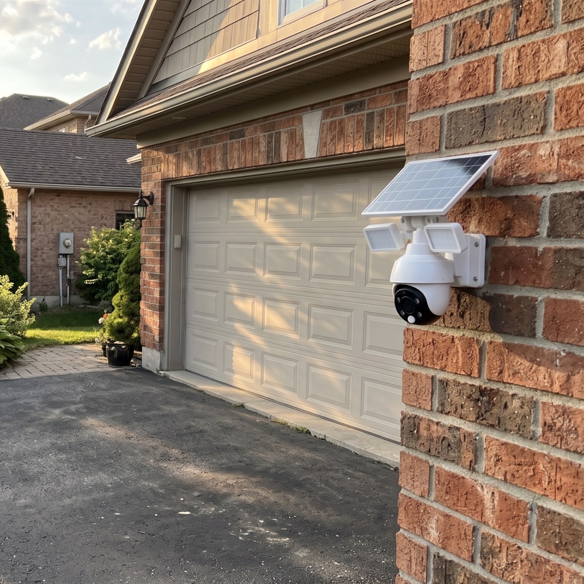 The camera with solar panel and floodlights mounted on the wall next to the garage, facing the driveway
