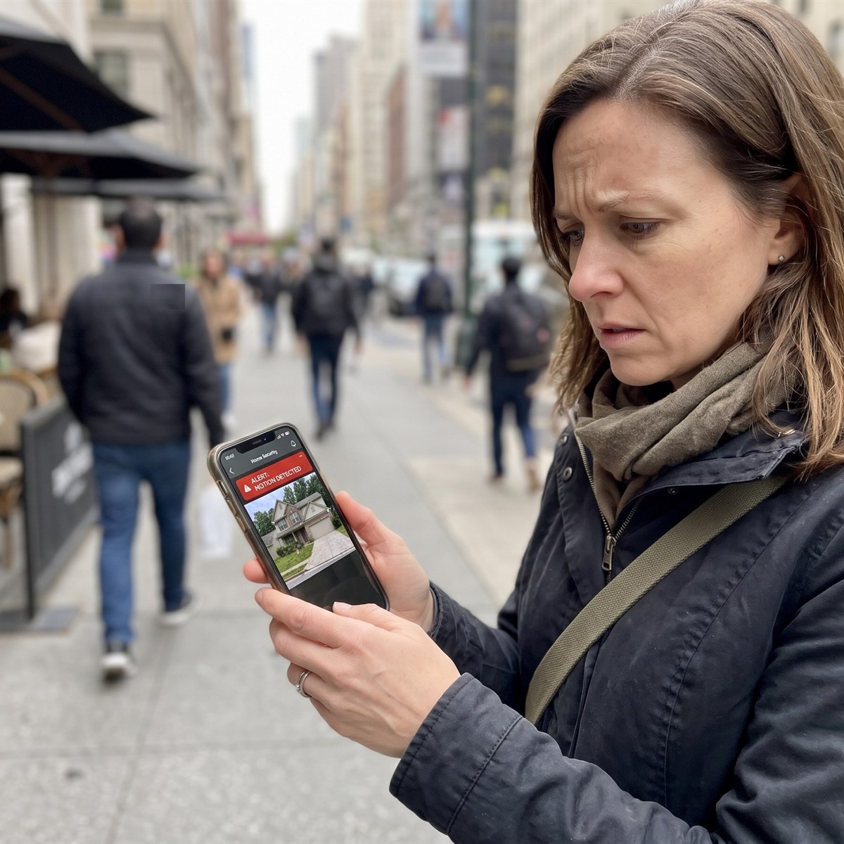 A woman in the street looks worriedly at her phone, thinking about home