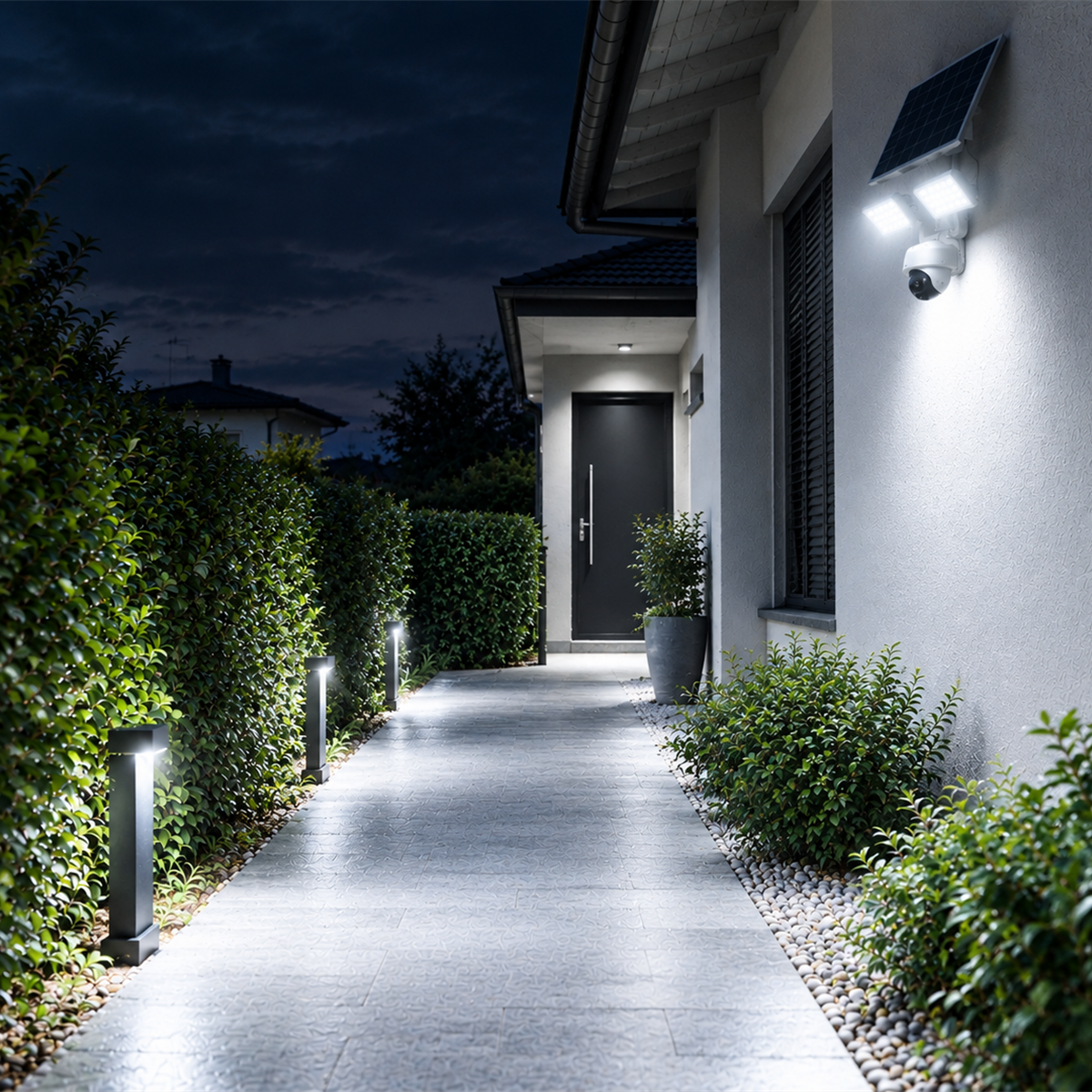 At night the camera floodlights light up the driveway and the front door
