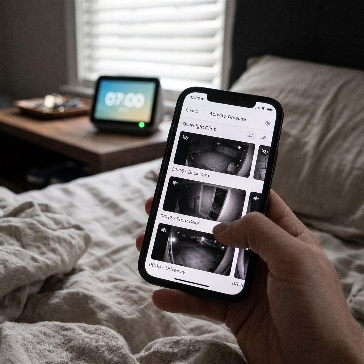On waking up, from bed, the night's clips are already lined up in the app timeline