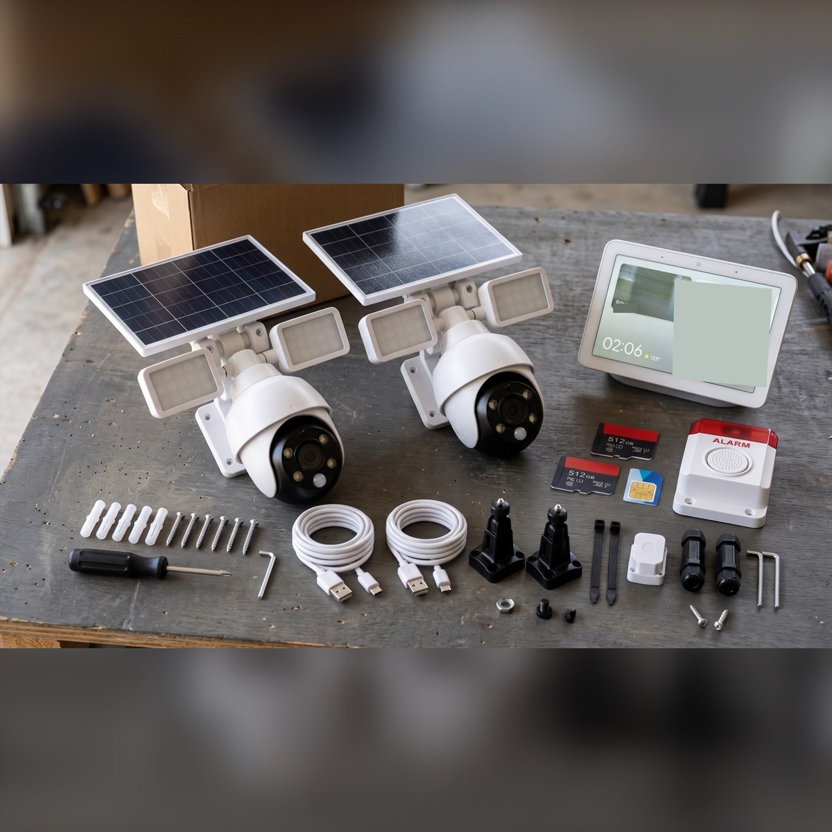Everything in the box: 2 cameras with solar panel and floodlights, Home Hub with screen, siren, 2 × 512 GB cards, SIM, USB-C cables, brackets and mounting kit