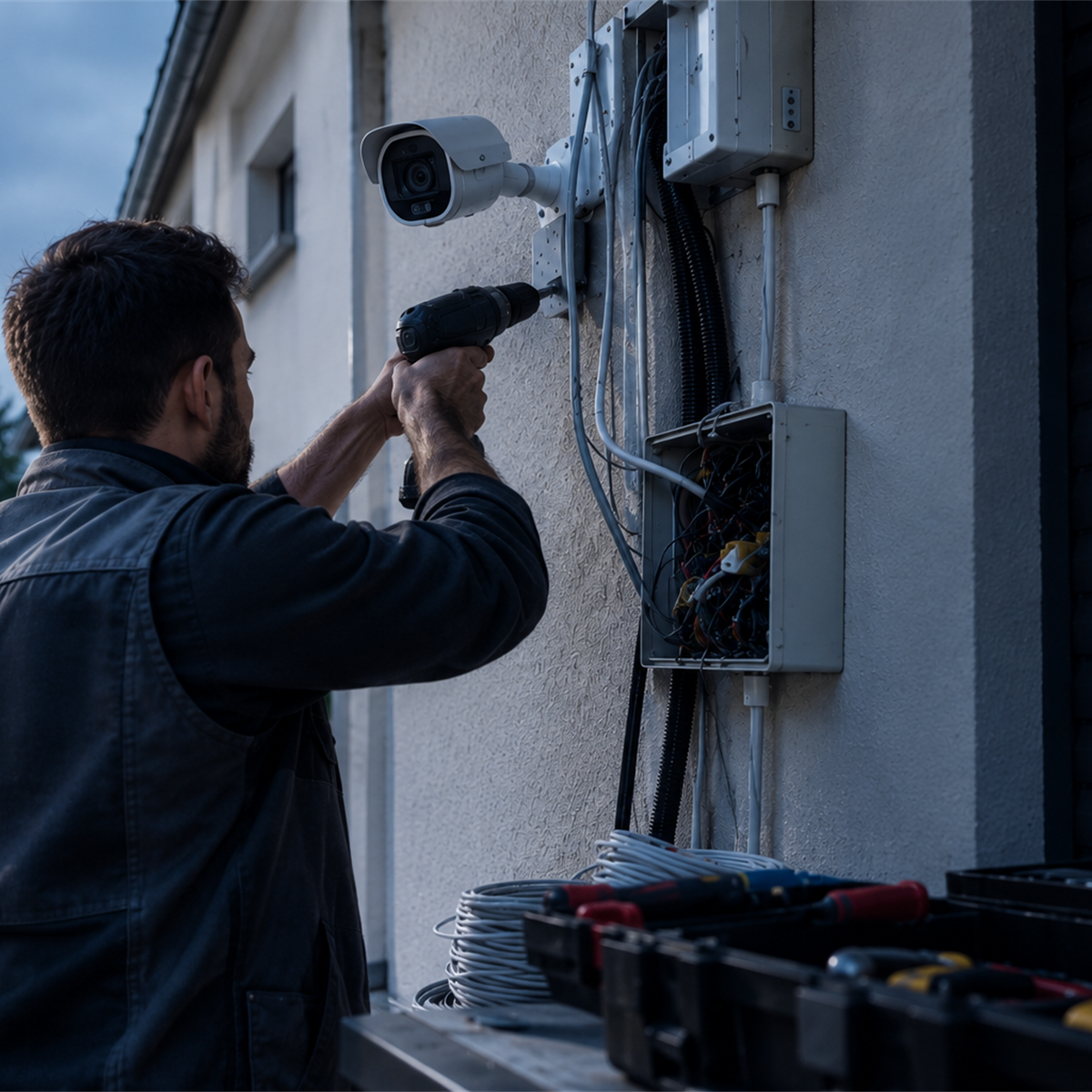 A technician drills the wall to install a traditional camera full of cables