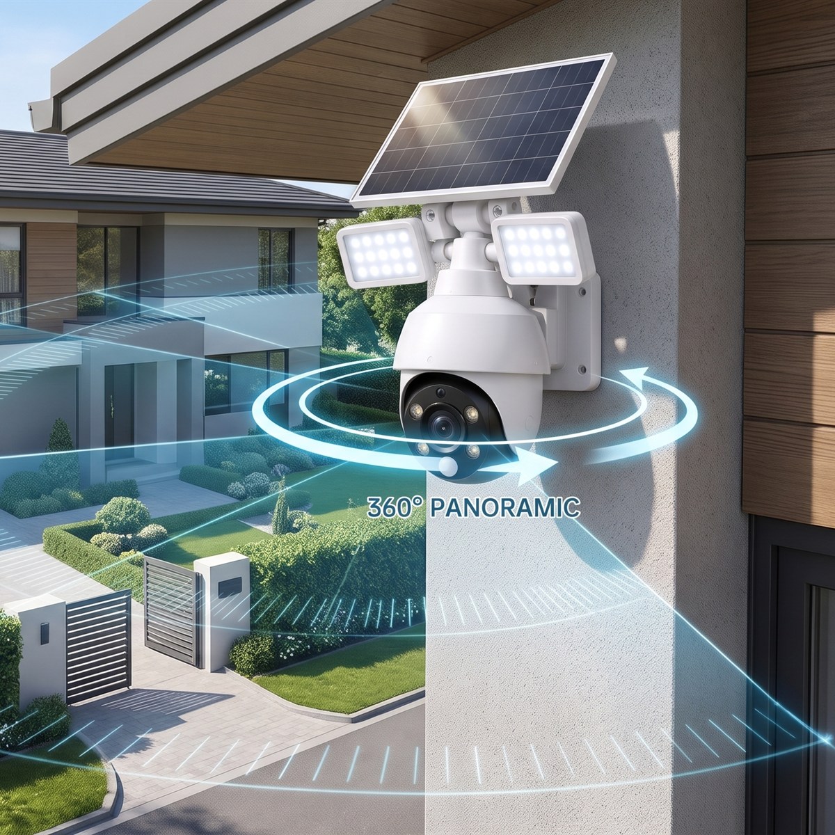 The camera with solar panel and two floodlights turns 360° and covers everything, from the gate to the house